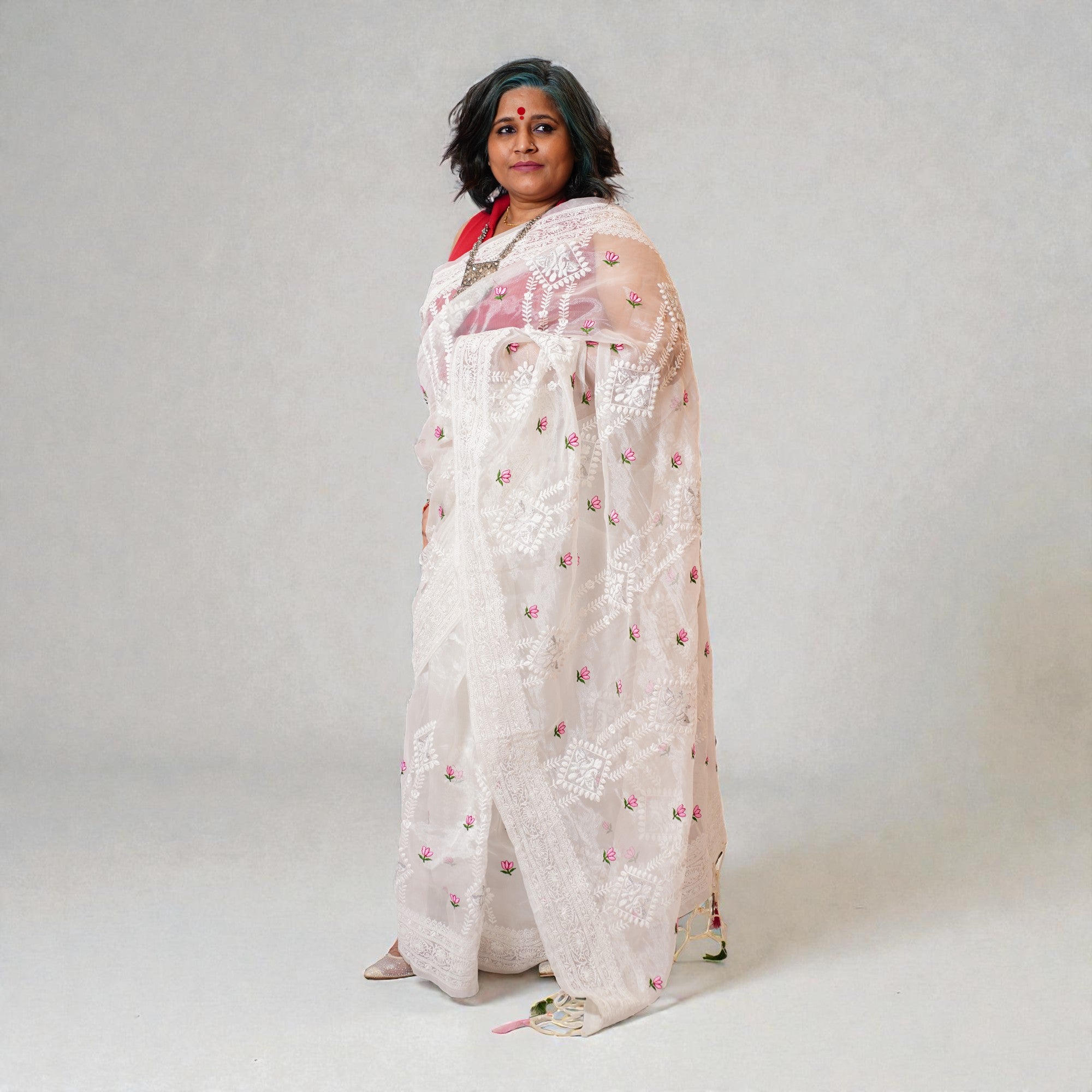 White Chikankari Organza Saree