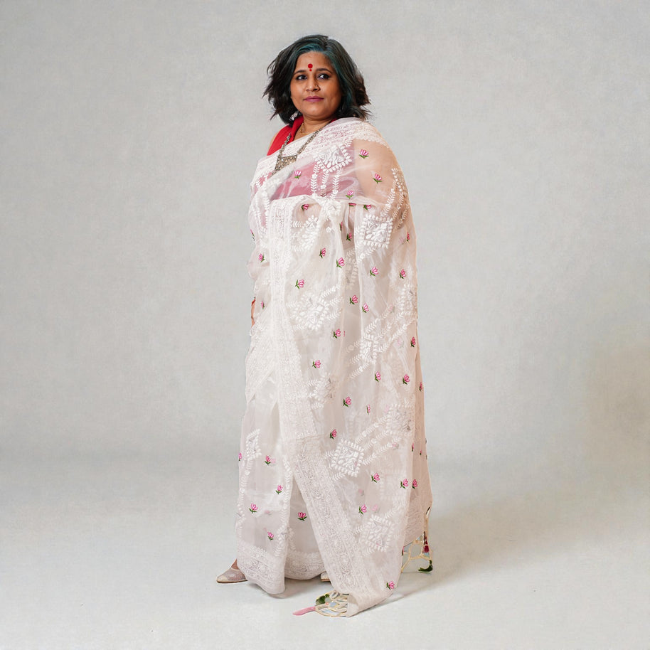 White Chikankari Organza Saree