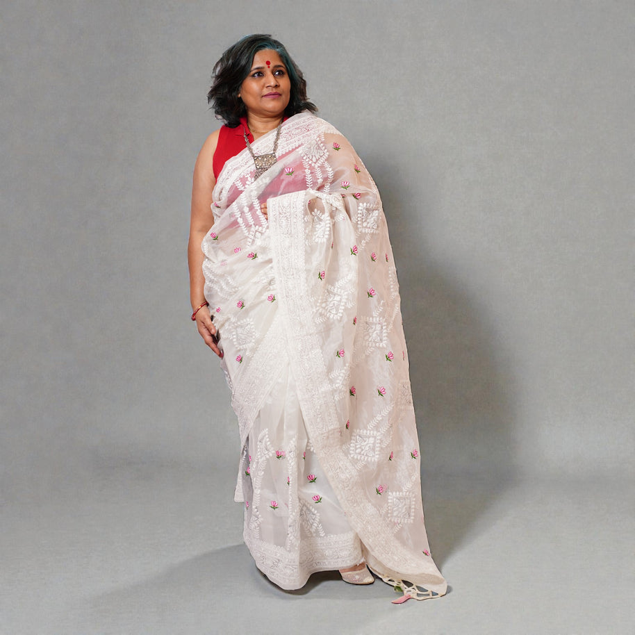 White Chikankari Organza Saree
