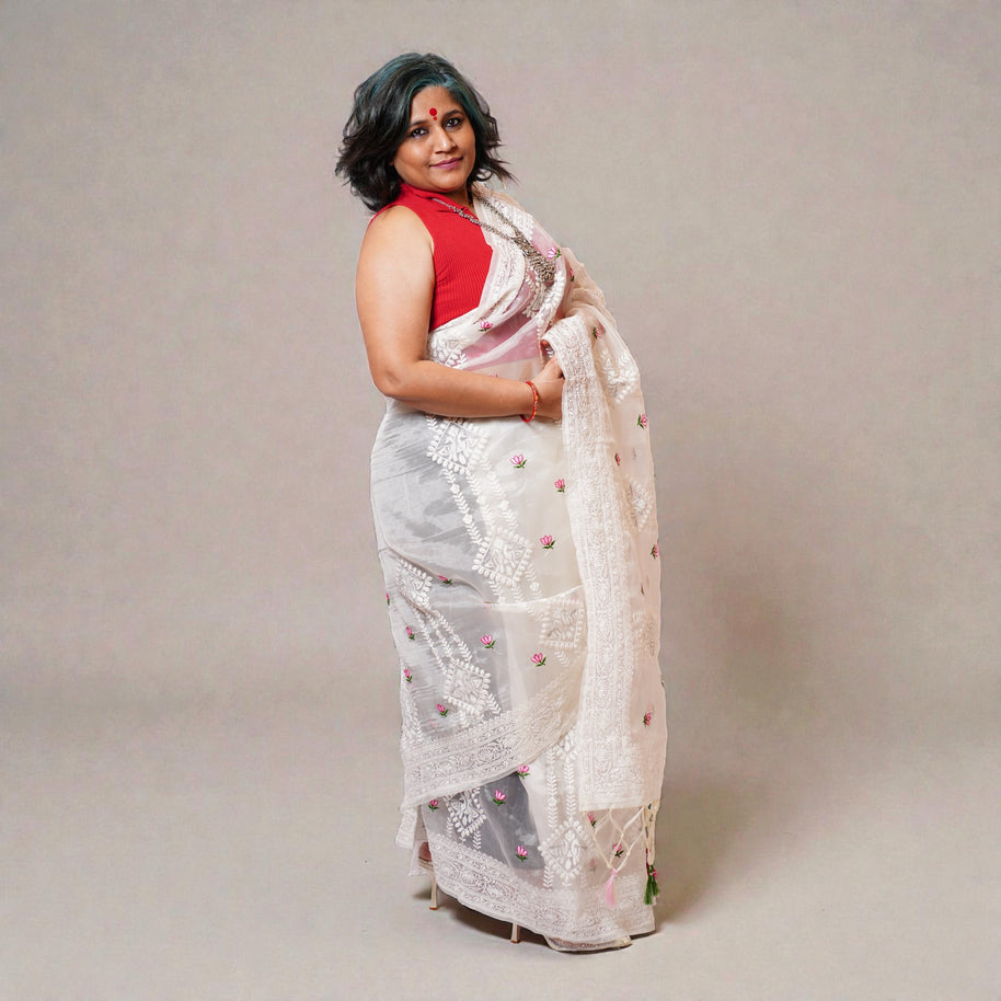White Chikankari Organza Saree