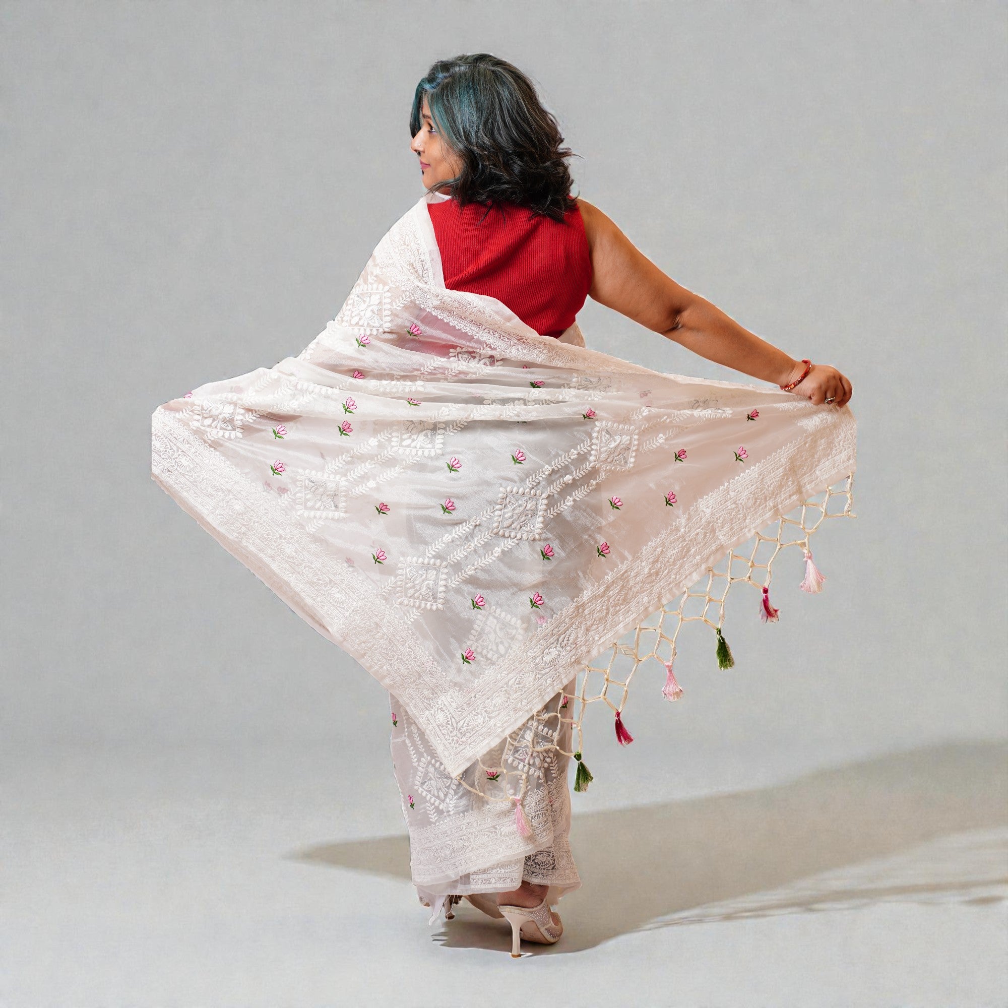 White Chikankari Organza Saree