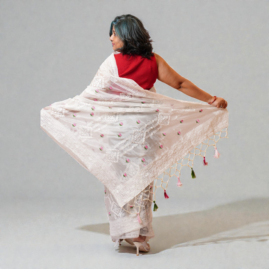White Chikankari Organza Saree