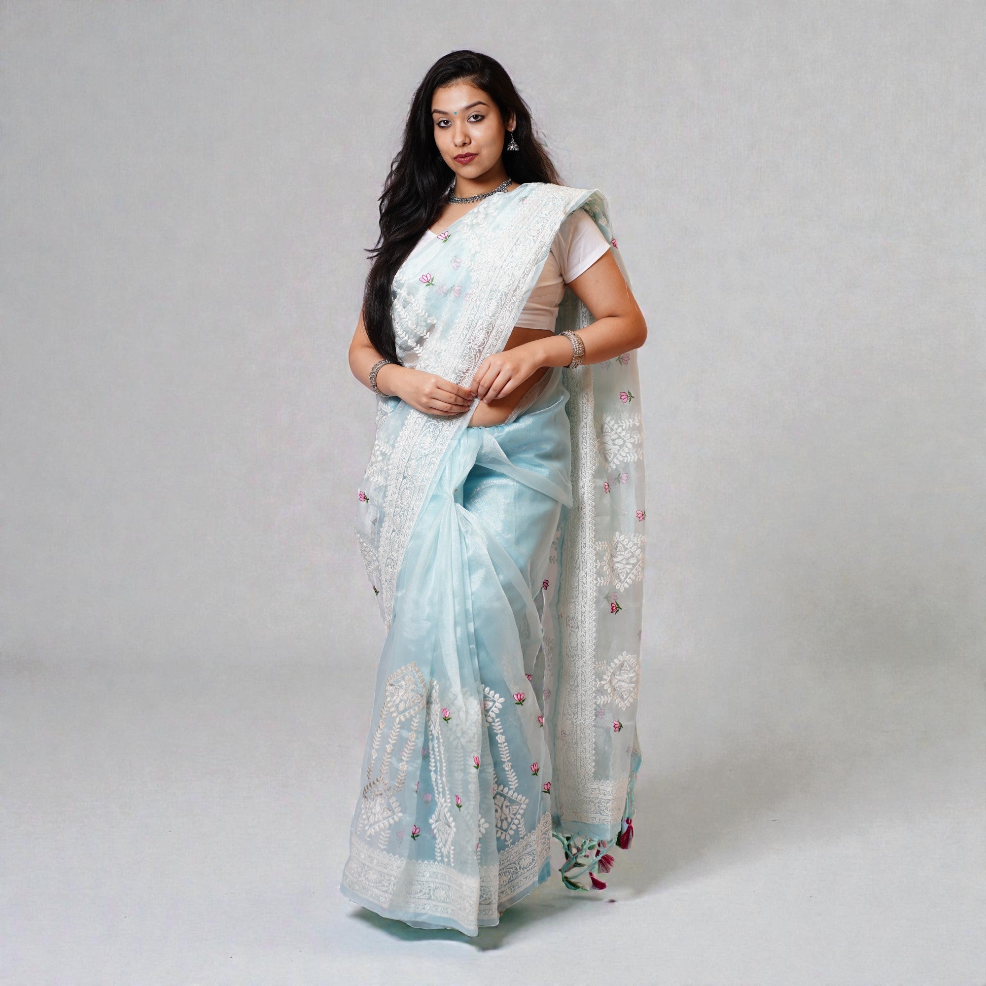 Blue Chikankari Organza Saree