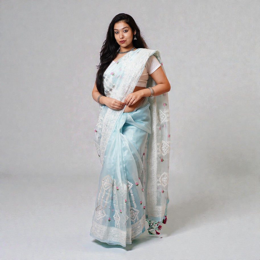 Blue Chikankari Organza Saree