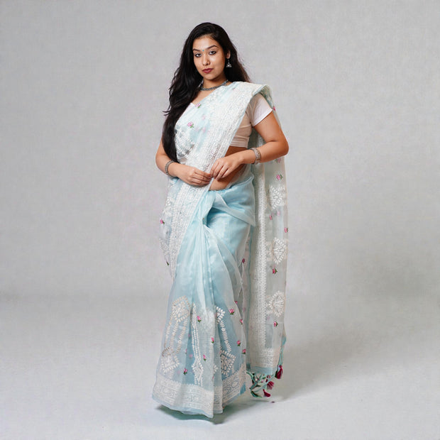 Blue Chikankari Organza Saree
