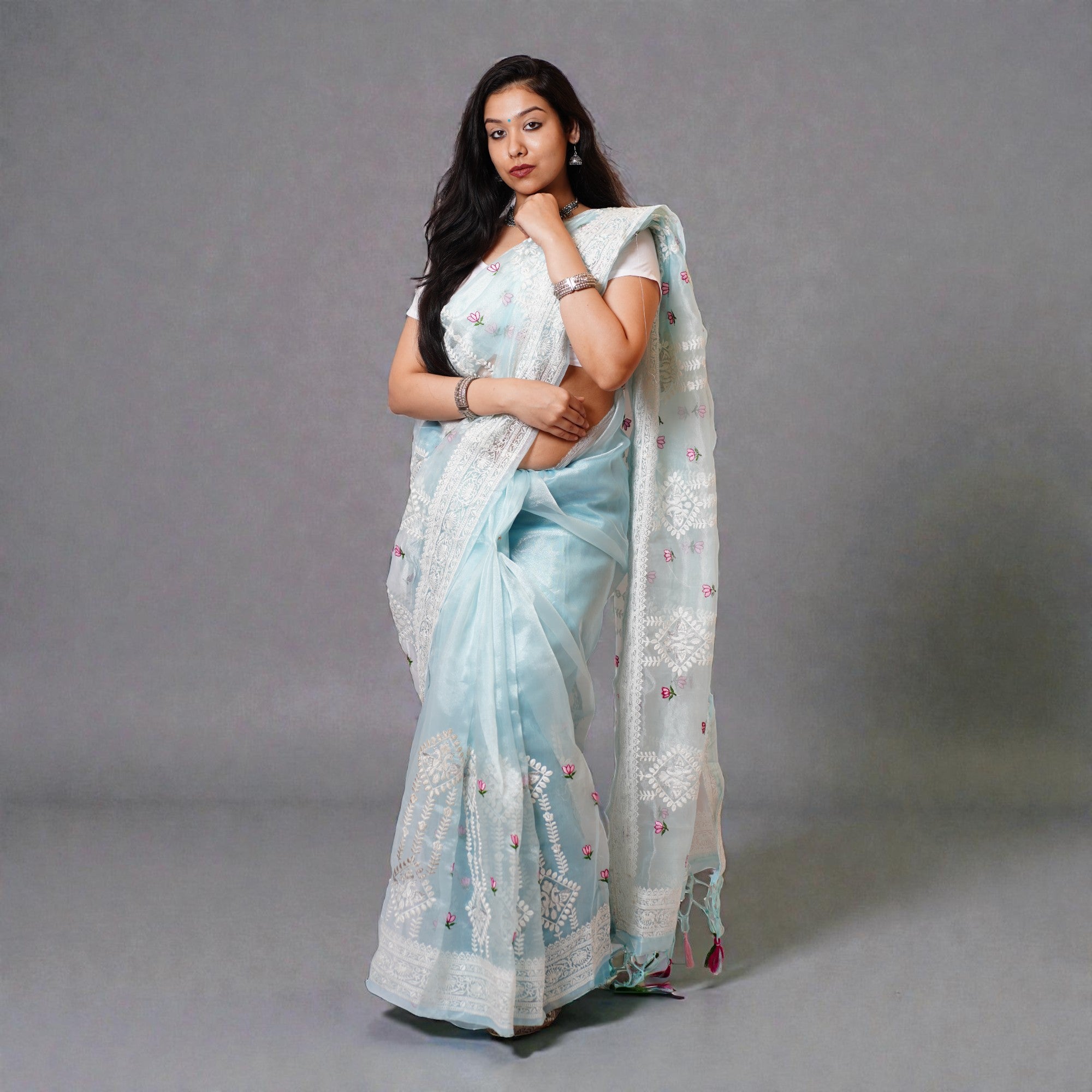 Blue Chikankari Organza Saree