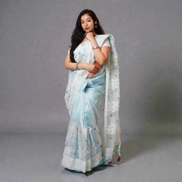Blue Chikankari Organza Saree