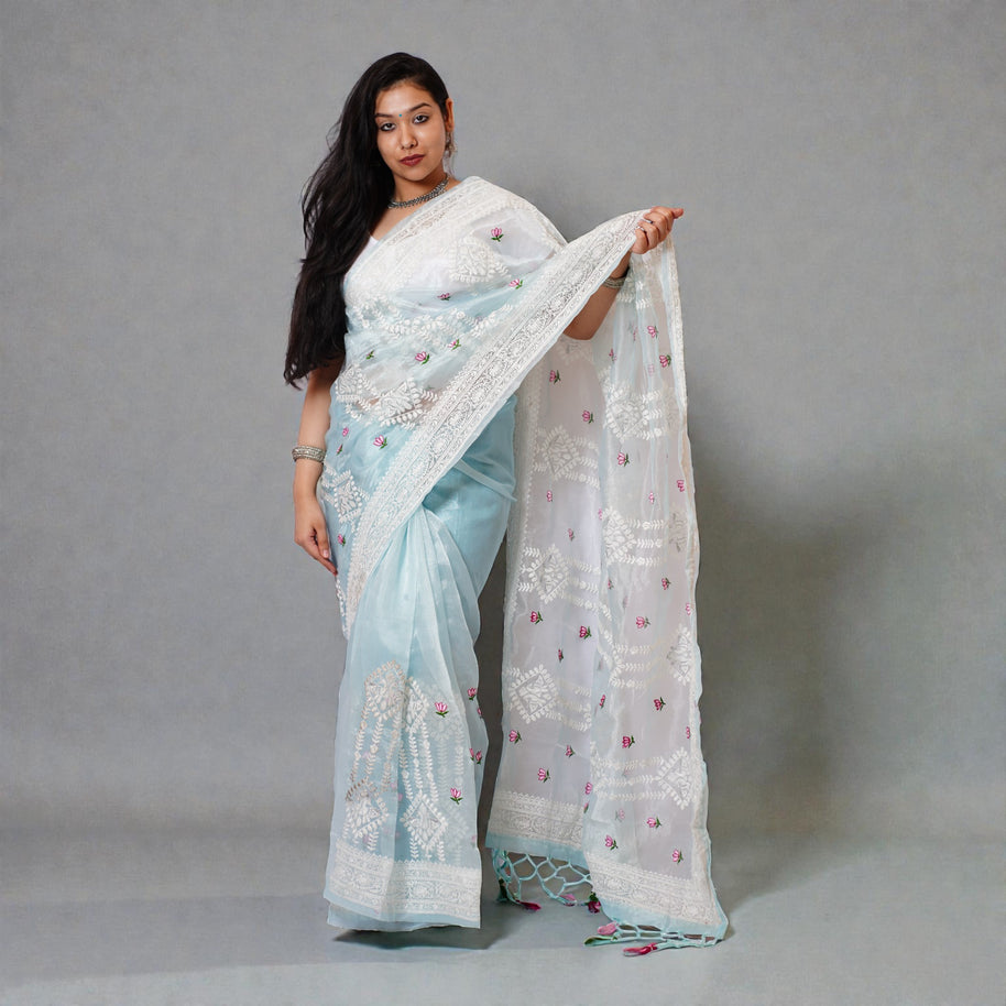 Blue Chikankari Organza Saree