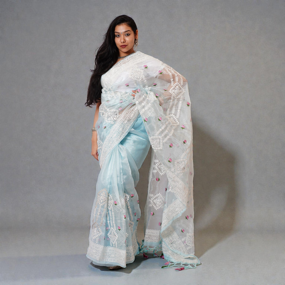 Blue Chikankari Organza Saree