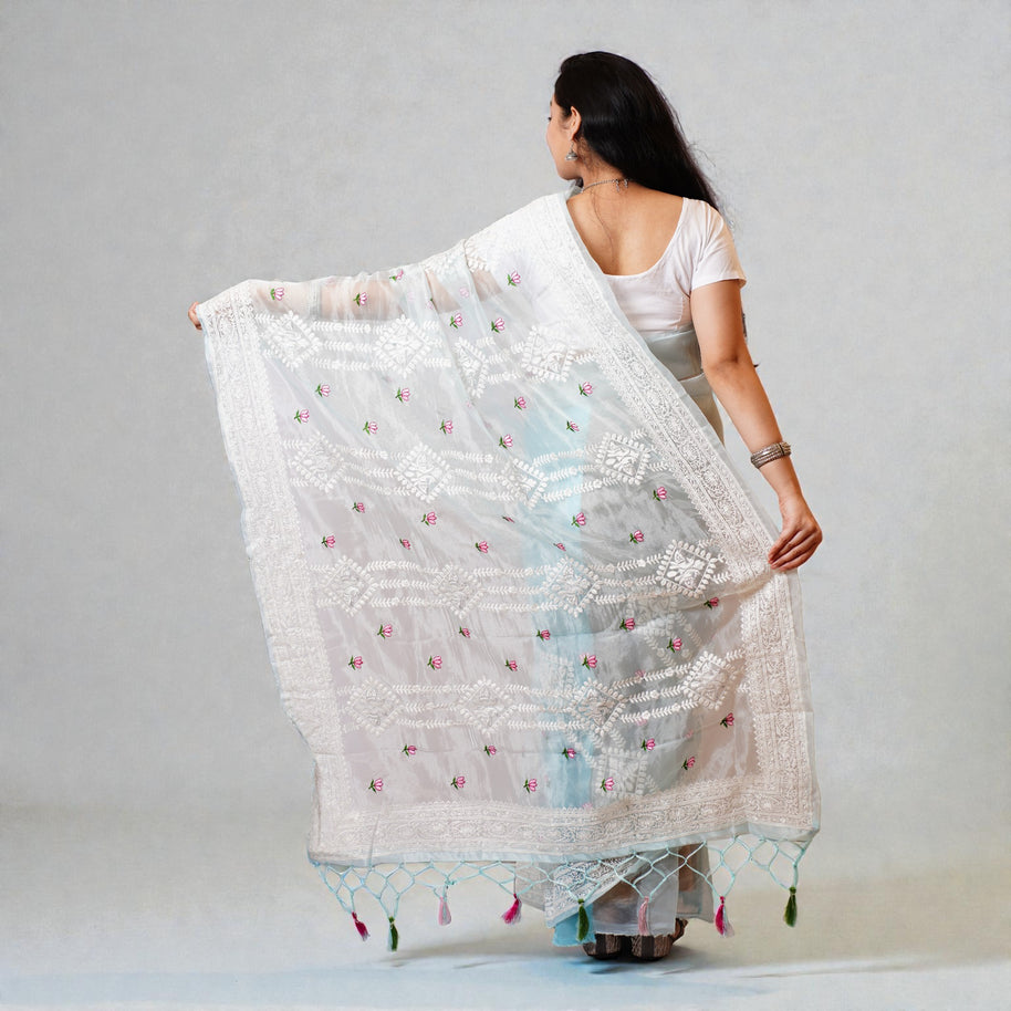 Blue Chikankari Organza Saree