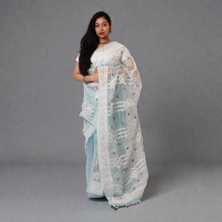 Blue Chikankari Organza Saree