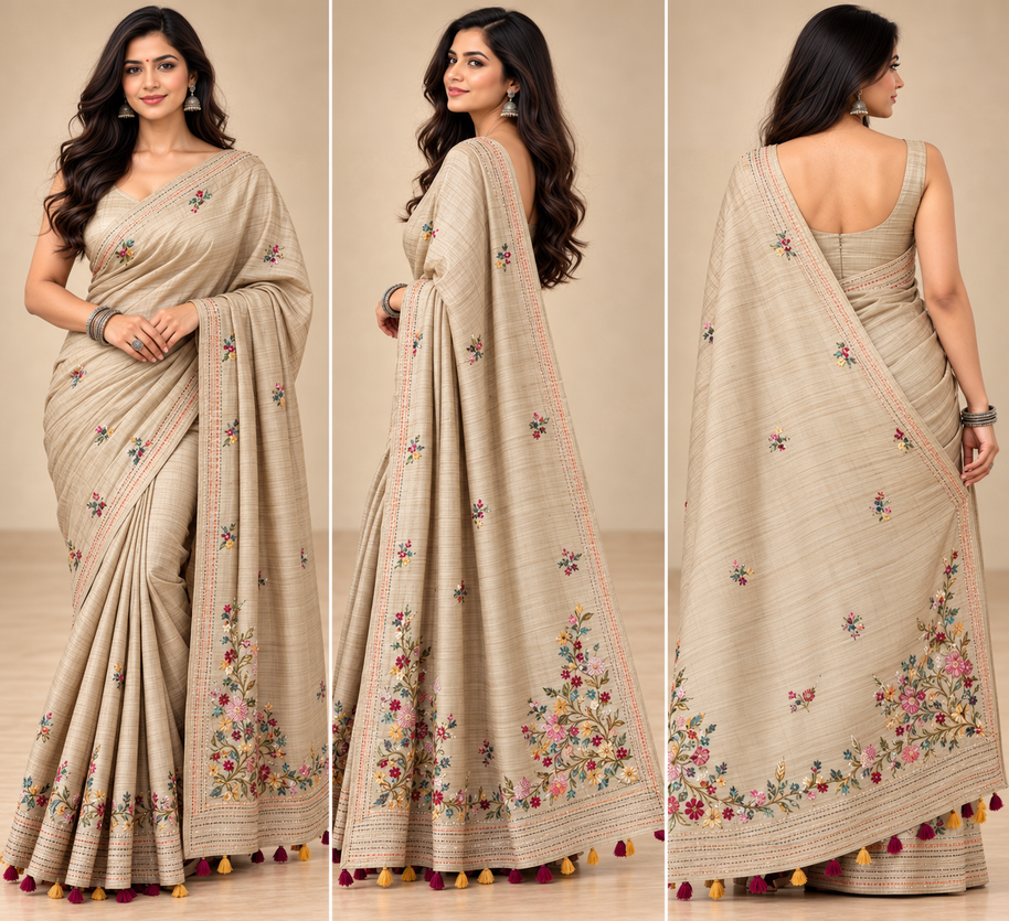 Golden Floral Semi Tussar Saree