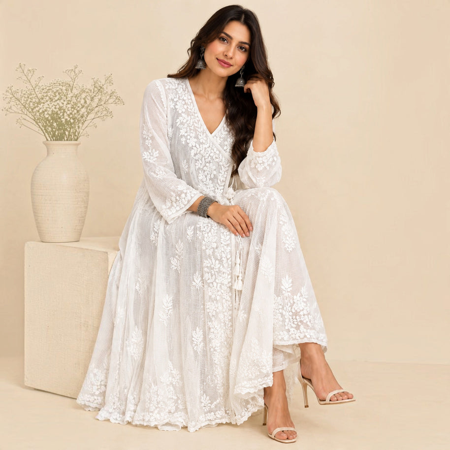 White chikankari Kota Cotton Angrakha Kurta