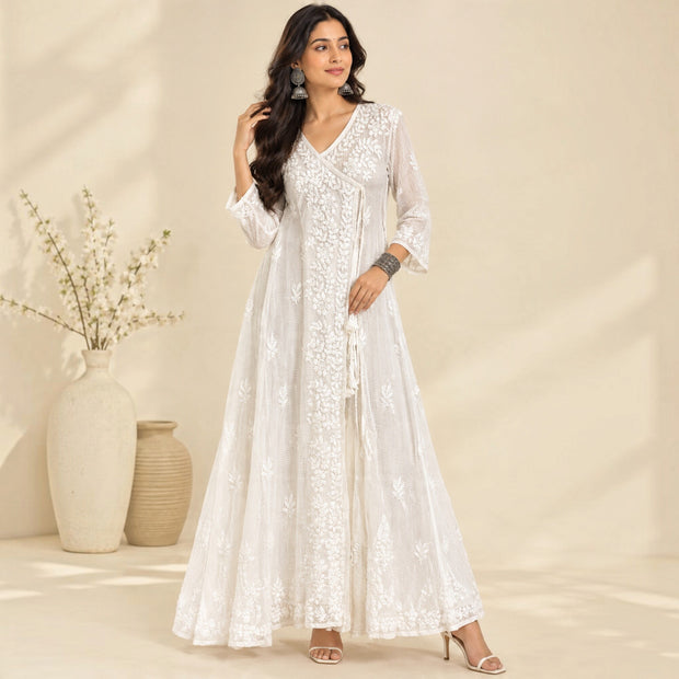 White chikankari Kota Cotton Angrakha Kurta