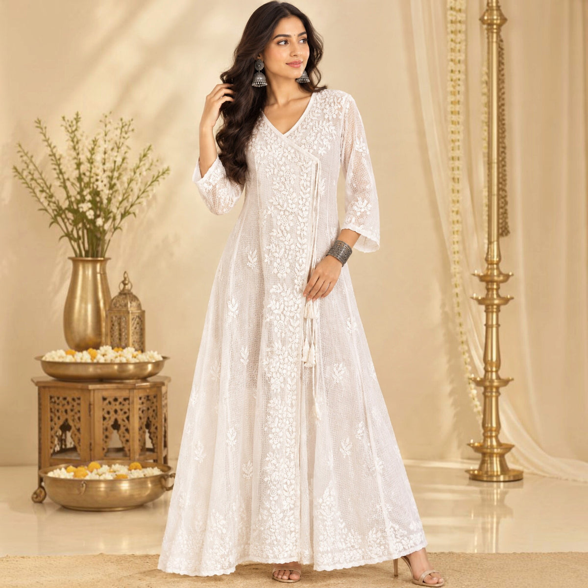 White chikankari Kota Cotton Angrakha Kurta