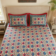 White Red Handblock Print Double Bedsheet