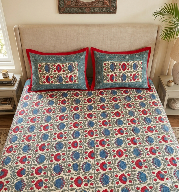 White Red Handblock Print Double Bedsheet