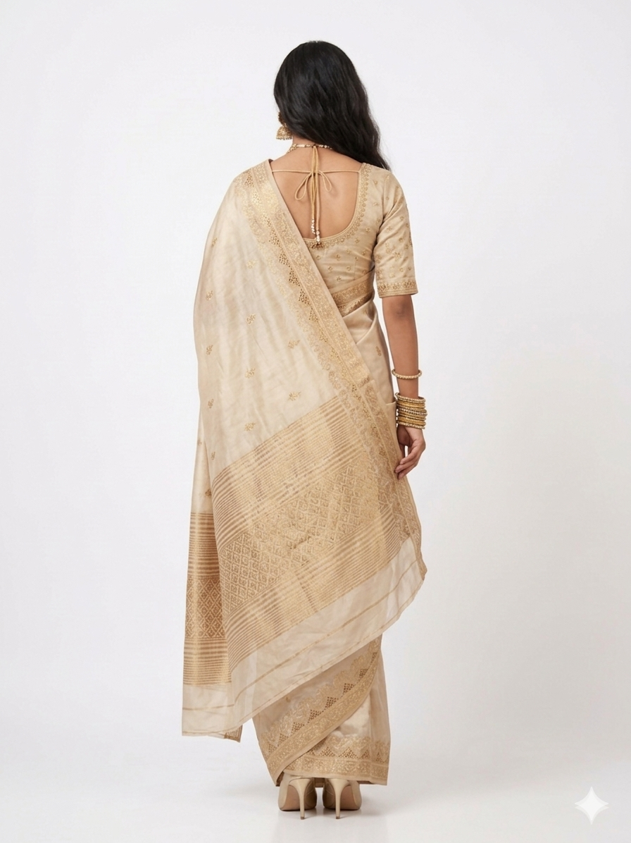 Light Brown Tussar Cutwork Silk Saree