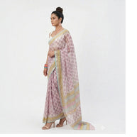 White Pink Floral Handblock Kota Cotton Saree