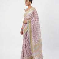 White Pink Floral Handblock Kota Cotton Saree