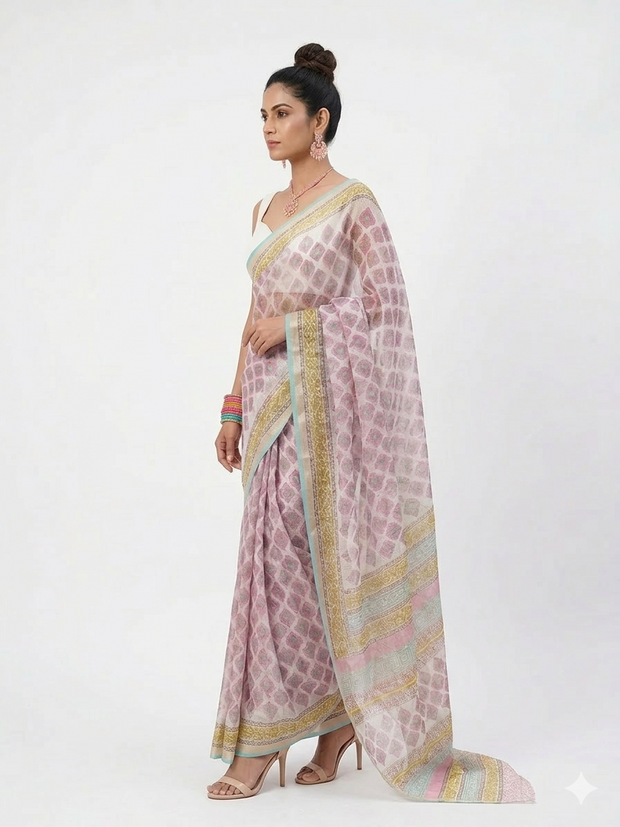 White Pink Floral Handblock Kota Cotton Saree