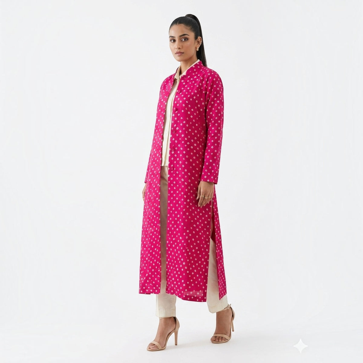 Pink Modal Silk Bandhej Long Blazer