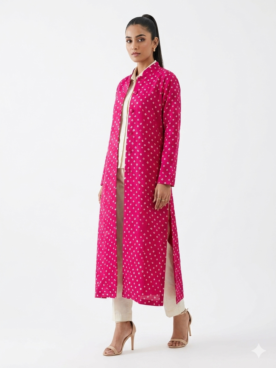 Pink Modal Silk Bandhej Long Blazer