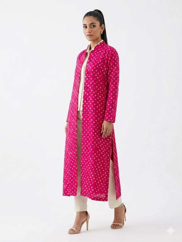 Pink Modal Silk Bandhej Long Blazer