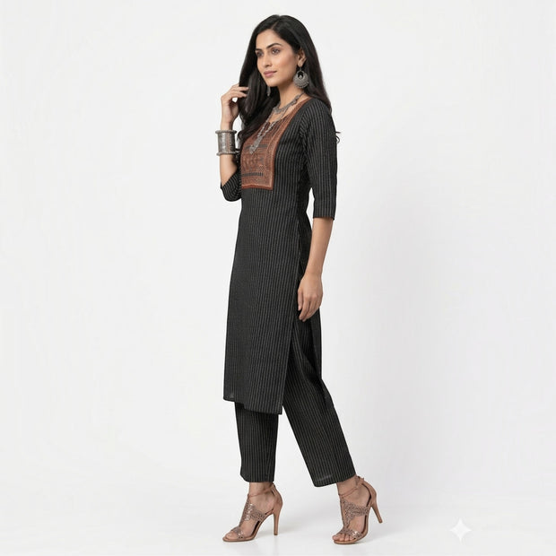 Dark Black Stripe Cotton Kurta Set