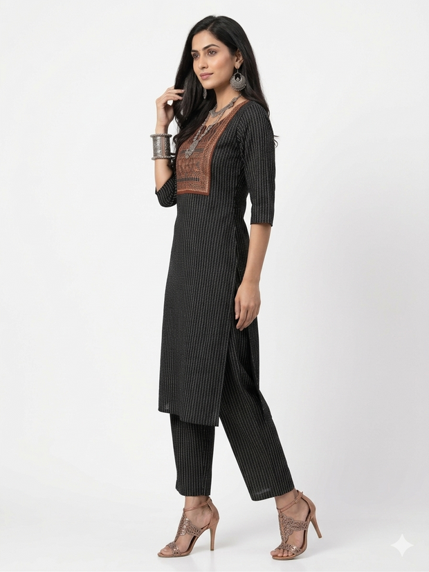 Dark Black Stripe Cotton Kurta Set