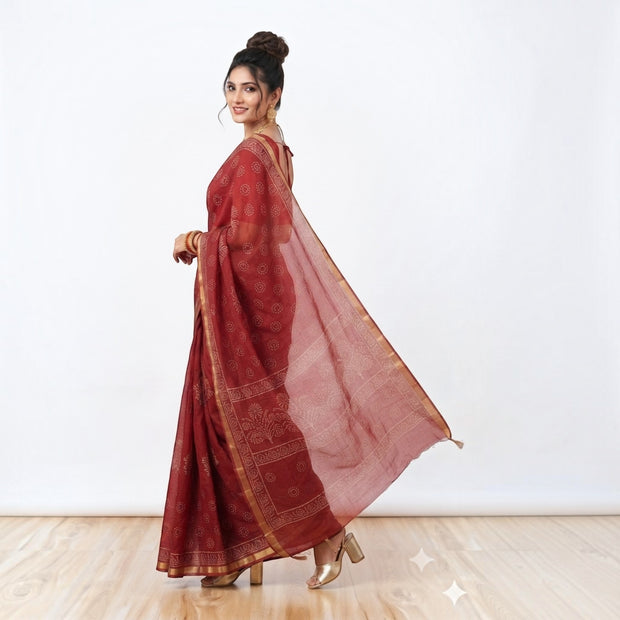 Dark Maroon Handblock Kota Cotton Saree