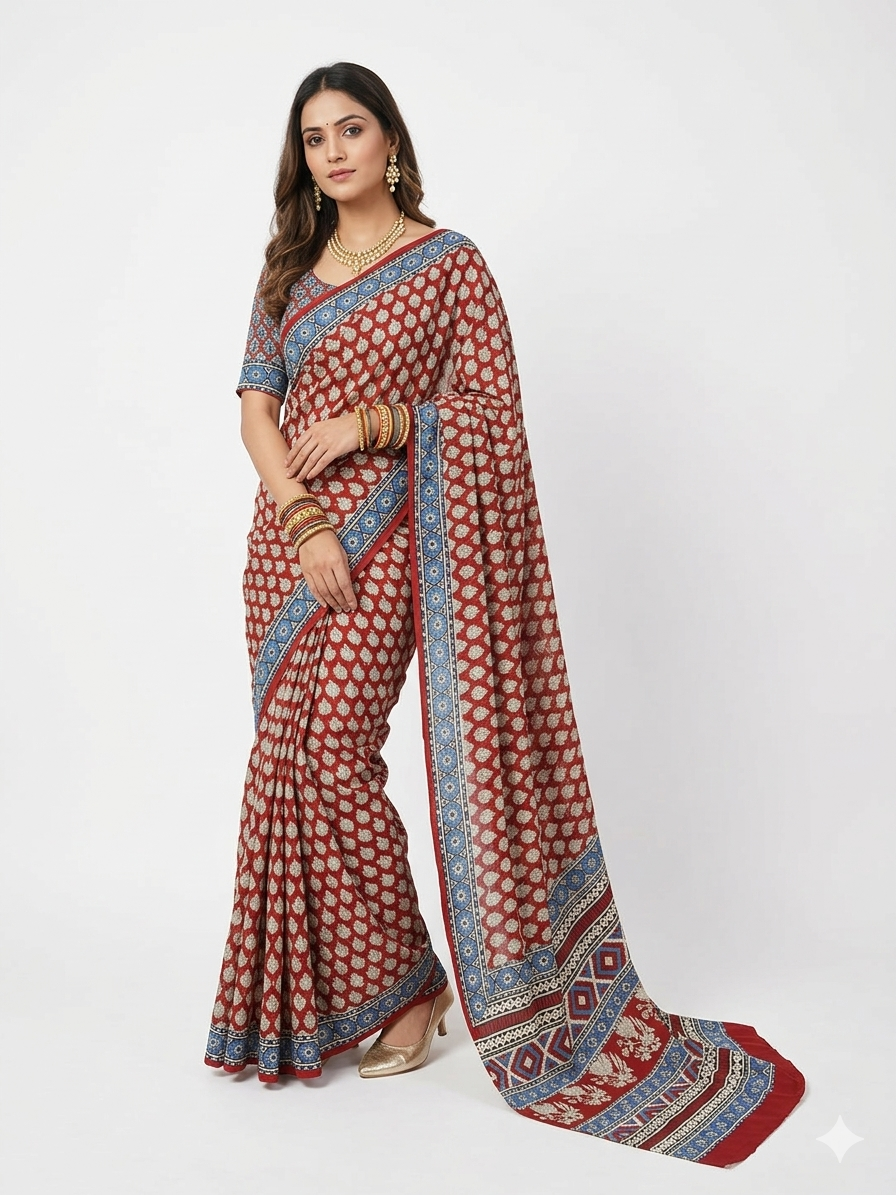 Maroon Ajrakh Modal Silk Saree