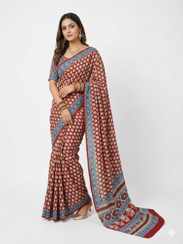 Maroon Ajrakh Modal Silk Saree