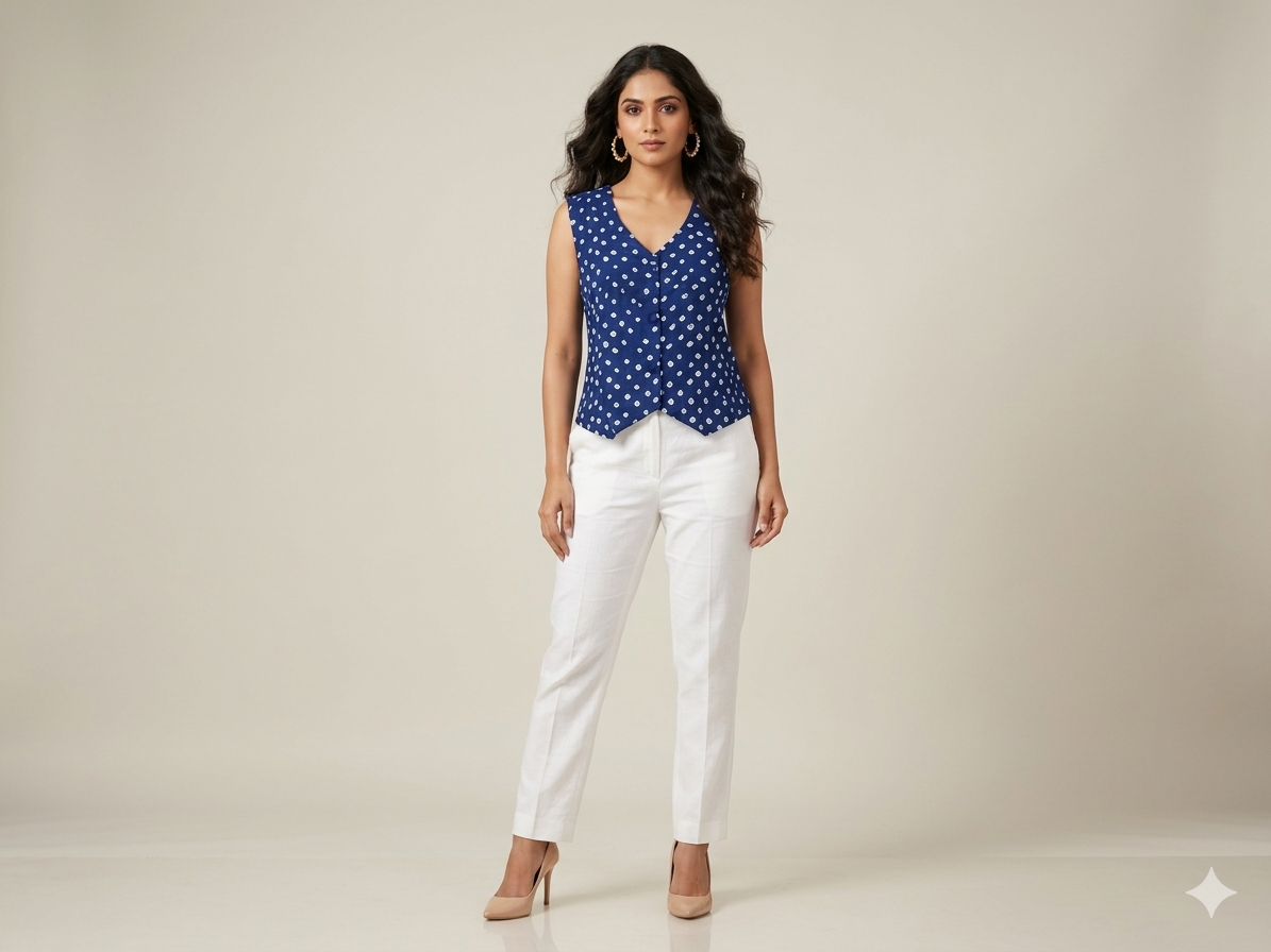 Blue Modal Silk Bandhej Waistcoat