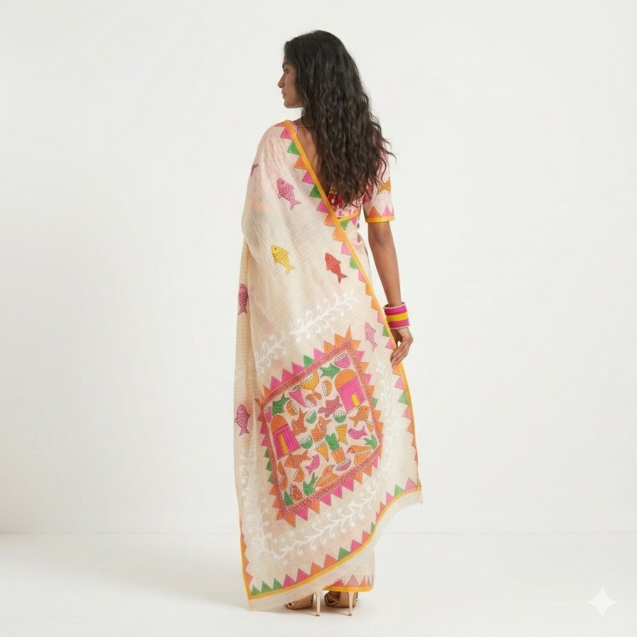 Cream Handpainted Cotton Saree