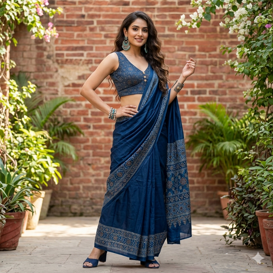 Dark Blue Ajrakh Modal Silk Blouse