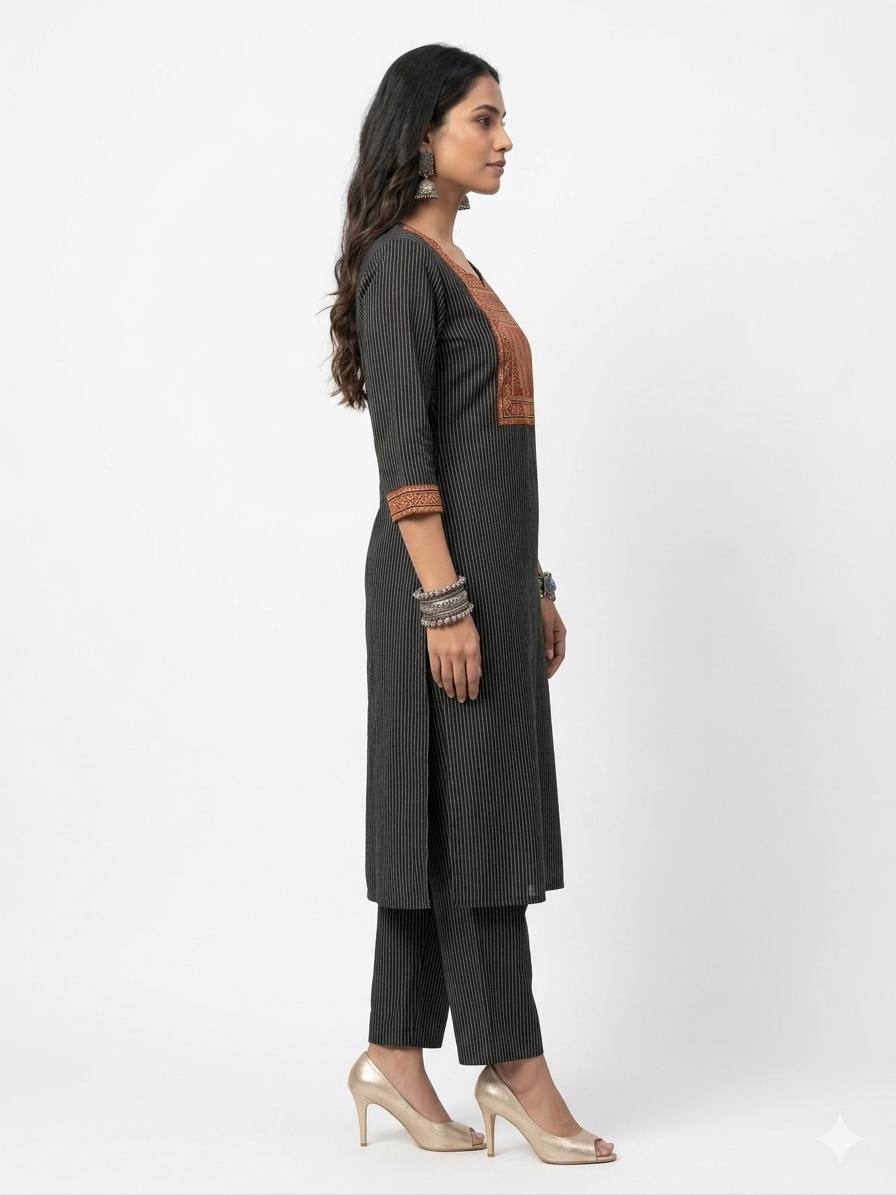 Black Stripe Cotton Kurta Set