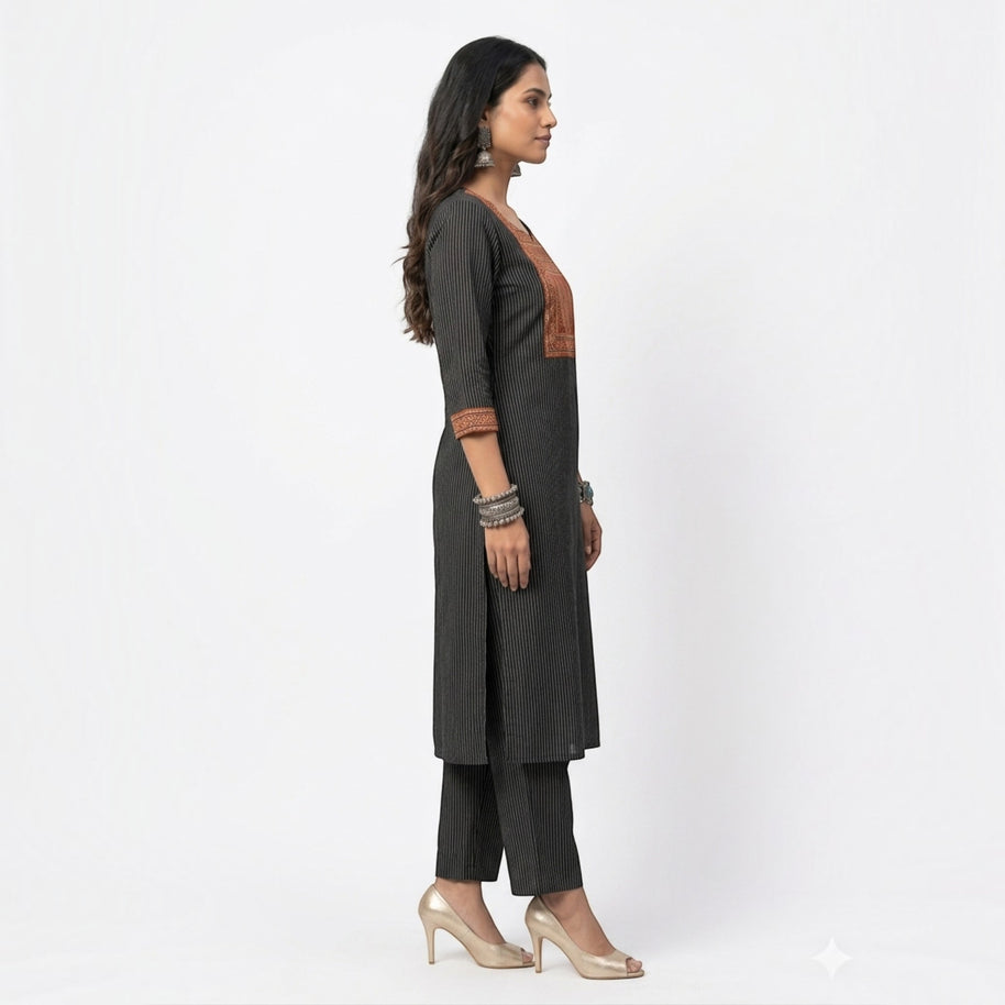 Black Stripe Cotton Kurta Set