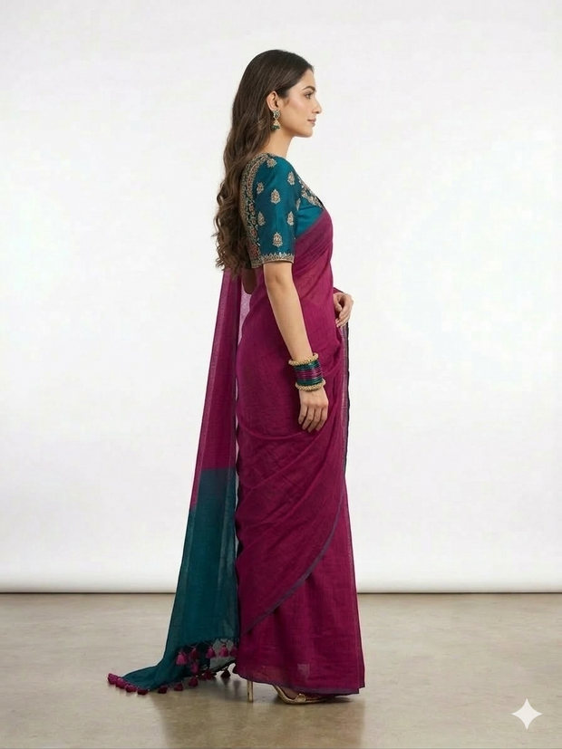 Purple Teal Handloom Cotton Saree