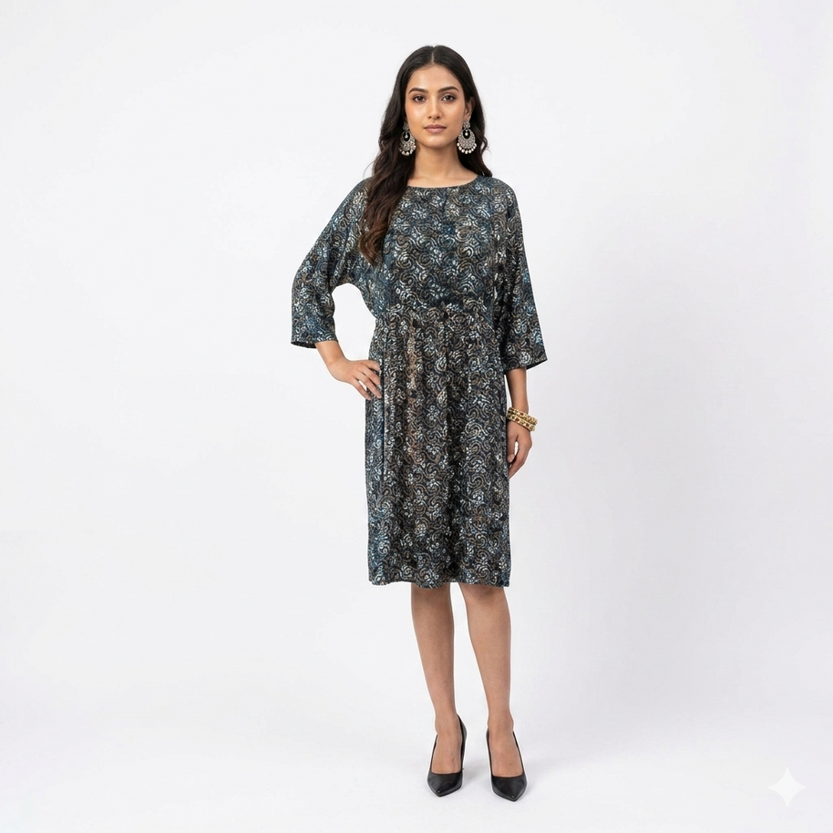 Blue Spiral Handblock Cotton Gathered Dress