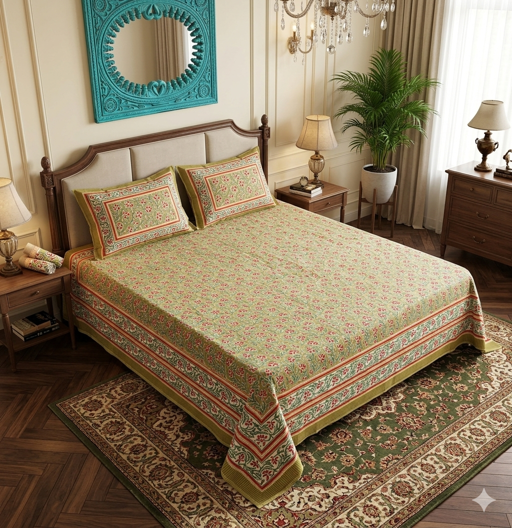 Olive Green Red Handblock Print Double Bedsheet