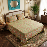 Olive Green Red Handblock Print Double Bedsheet