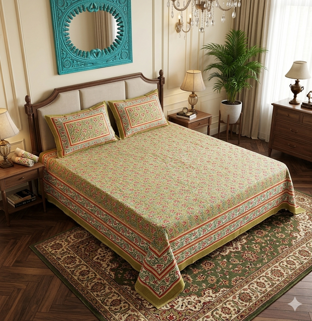 Olive Green Red Handblock Print Double Bedsheet