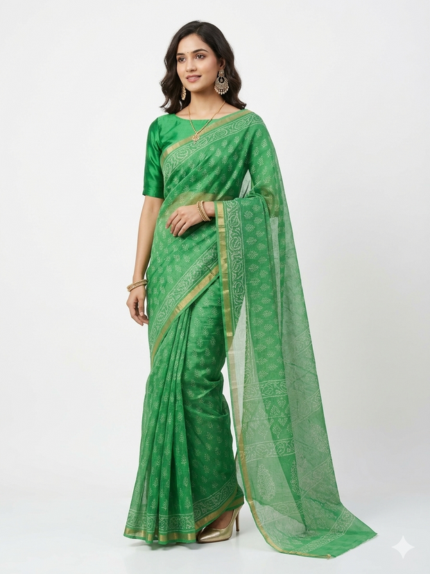 Green Leaf Handblock Kota Cotton Saree