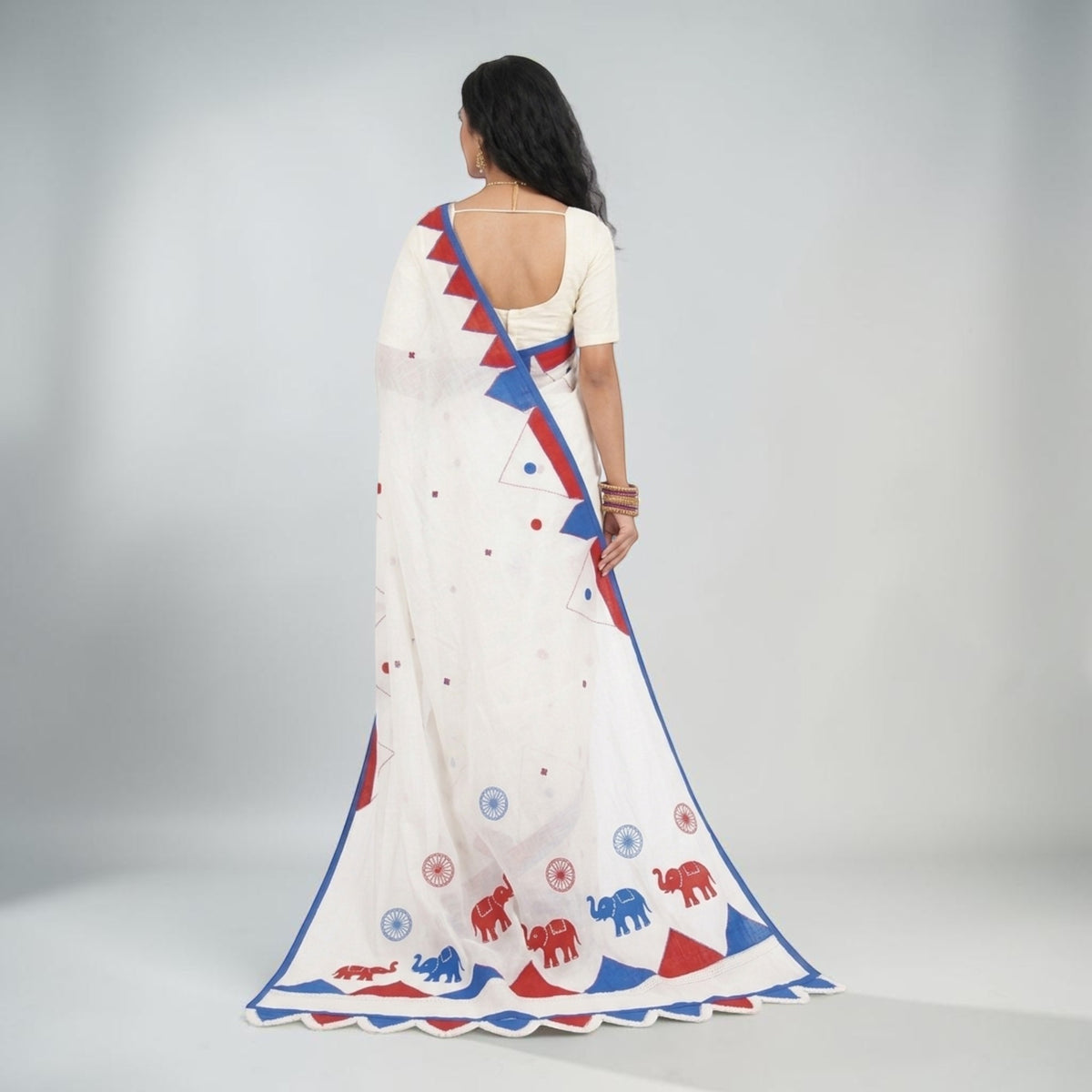 White Red Applique Cotton Saree