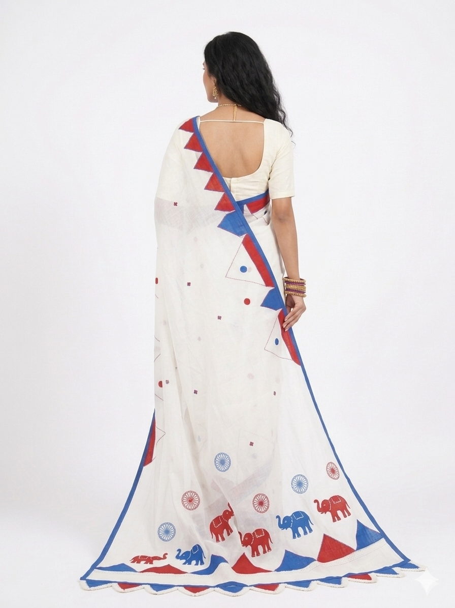 White Red Applique Cotton Saree
