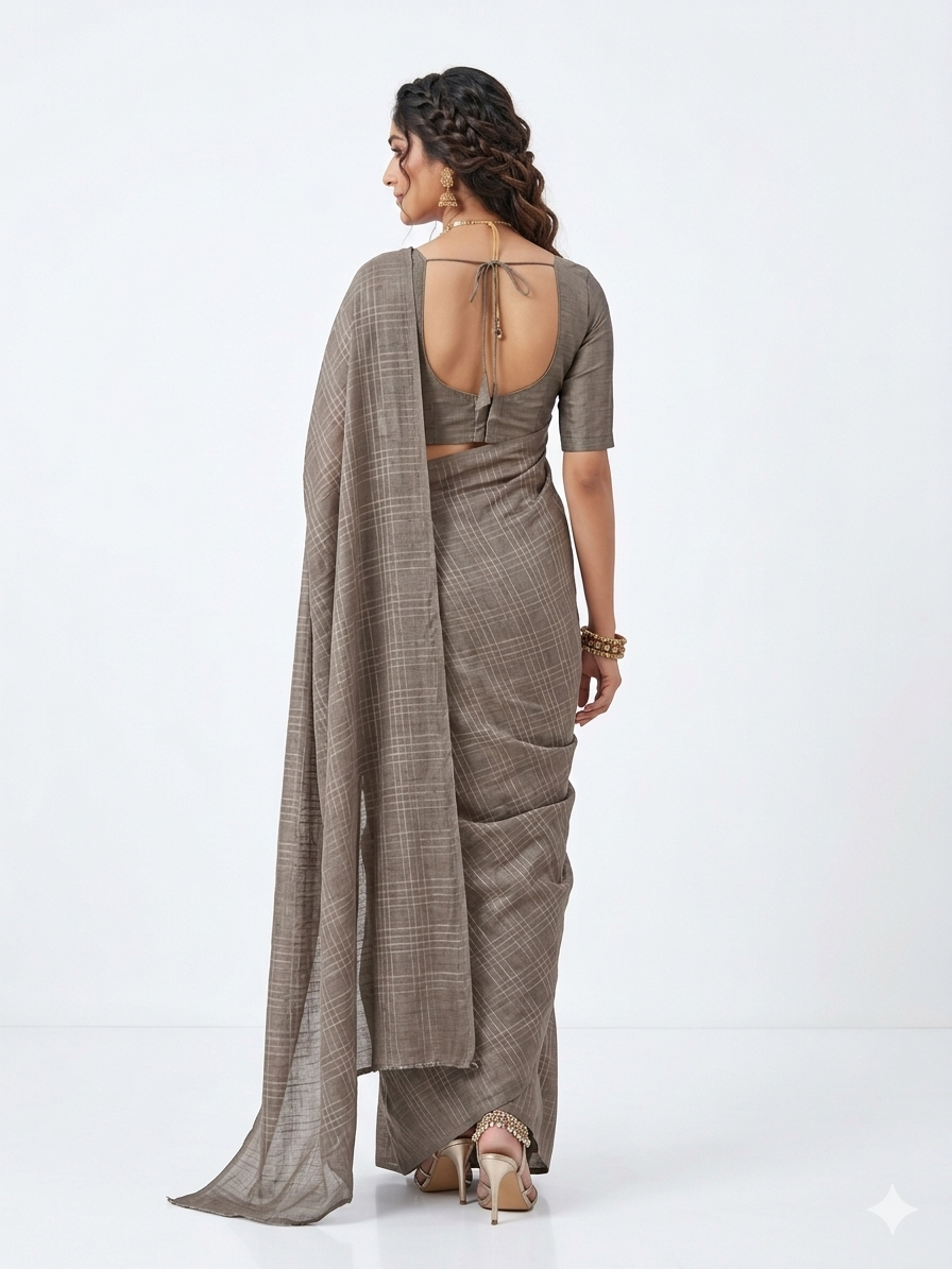 Brown Check Handblock Cotton Saree