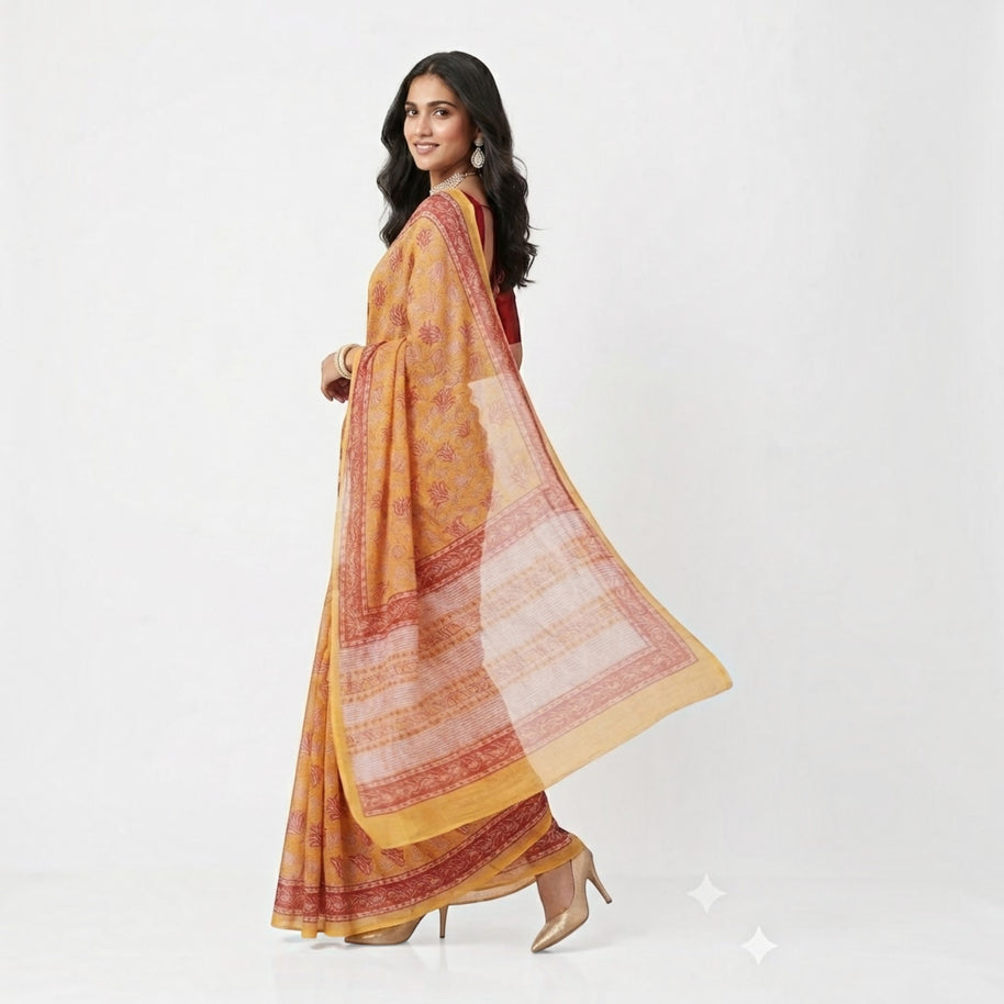Yellow Red Handblock Kota Cotton Saree