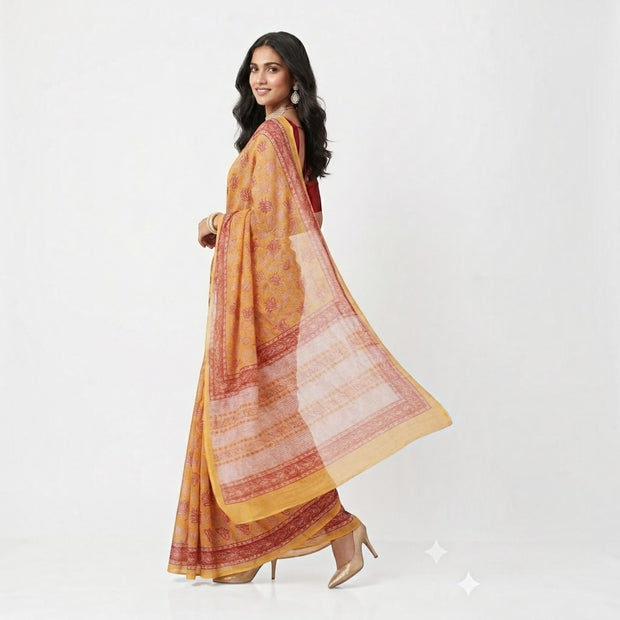 Yellow Red Handblock Kota Cotton Saree