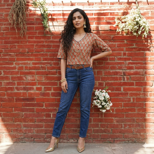 Red Handblock Cotton Blouse